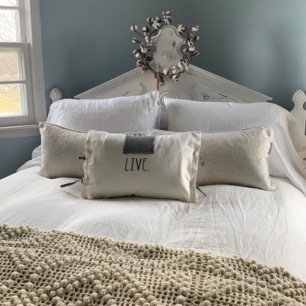 Rae Dunn feather pillow bed accent